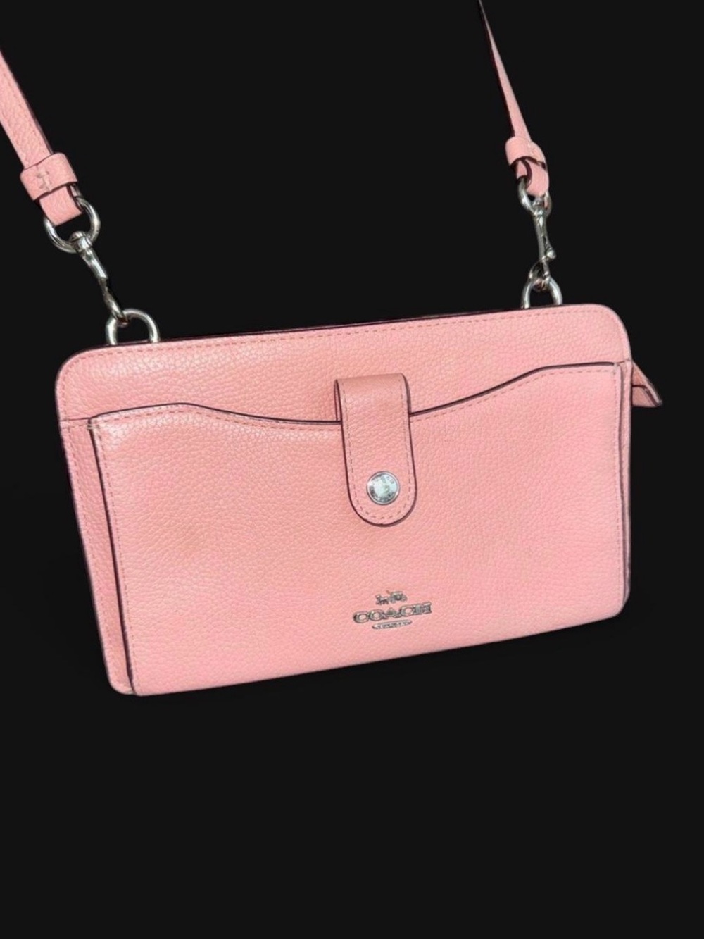 Coach Pebble Leather Wallet Crossbody Blush Pink Silver Hardware Phone Bag